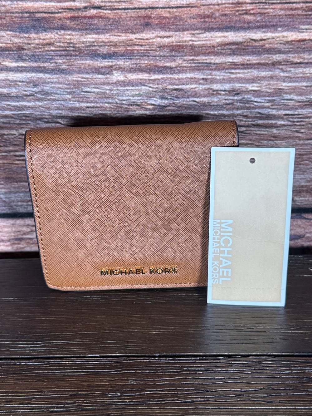 NWT Michael Kors Jet Set Brown Saffiano Trifold Wallet with Gold Logo
